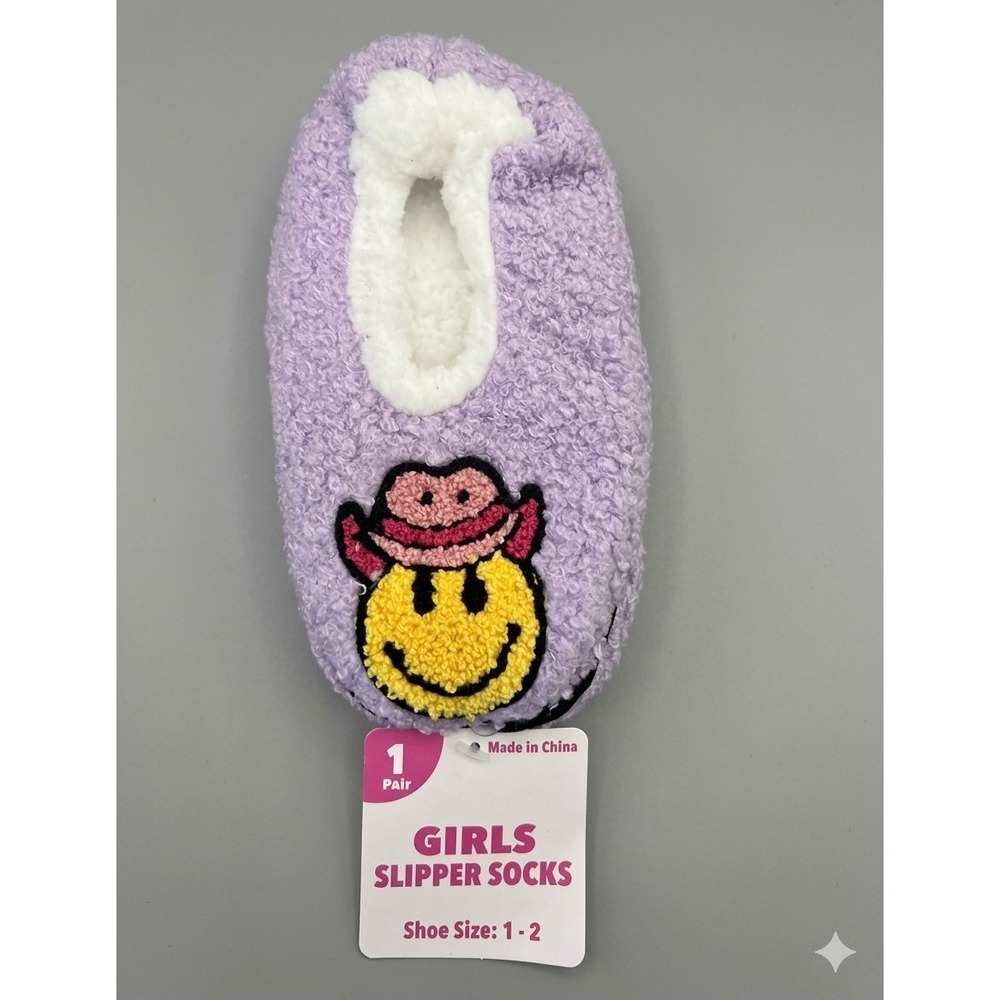 Girls Purple Smiley Graphic Bed/Slipper Ankle‎ Socks Polyester Size 1-2 1 Pair